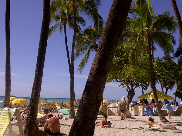 Gadis berbikini berjemur di Pantai Waikiki, Hawaii