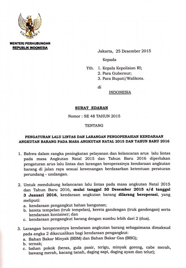 surat jalan barang truk Desember Tol Truk Jonan 3 Lewat Jalan Menhub Larang 30
