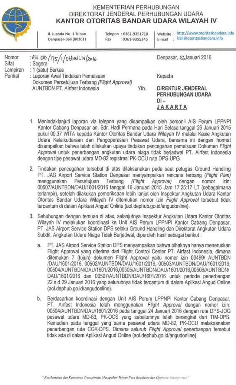 Ini Surat Laporan Penemuan Flight Approval Palsu yang Dilaporkan ke Kemenhub Ini Surat Laporan Penemuan Flight Approval Palsu yang Dilaporkan ke Kemenhub
