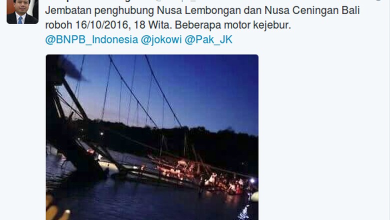 Jembatan Kuning Nusa Lembongan Bali ambruk (Foto: Screenshot akun twitter @Sutopo_BNPB)