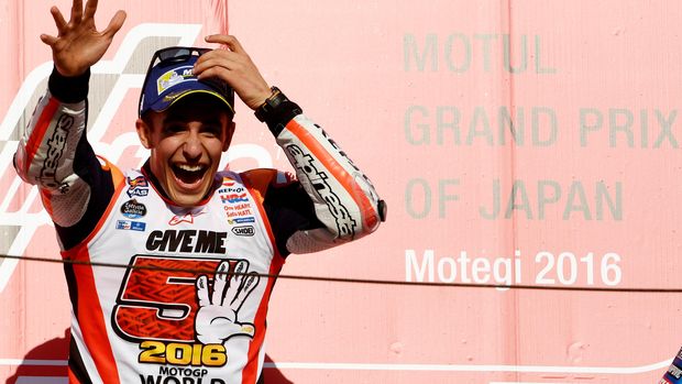 Marc Marquez memastikan gelar juara dunia MotoGP 2016 di Sirkuit Motegi.