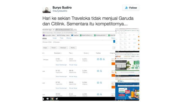 Salah satu akun Twitter yang mempermasalahkan Traveloka (Twitter/SuryoSudiro)