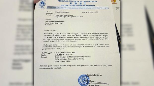 Surat PSSI yang meminta rekomendasi kepada KONI Pusat. (Dok.Istimewa)