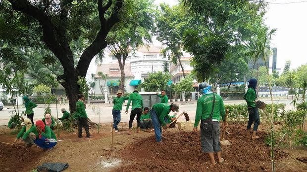 Petugas yang sedang merehabilitasi taman ini juga mengusir perih dengan menutup hidung dan wajah dengan baju mereka.