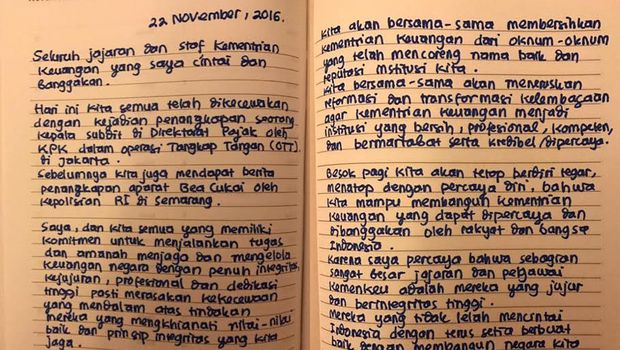 Surat Sri Mulyani kepada jajaran dan pegawai Kementerian Keuangan tertanggal 22 November.