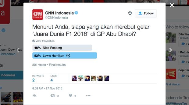 Pembaca CNN Indonesia menjagokan Lewis Hamilton juara dunia F1.