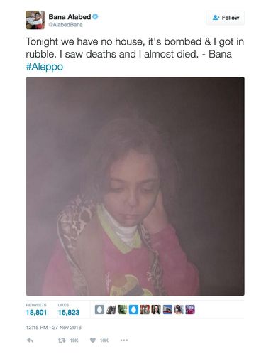 Bocah tujuh tahun menggambarkan suasana di tengah medan perang. (Screenshoot via Twitter/@AlabedBana_