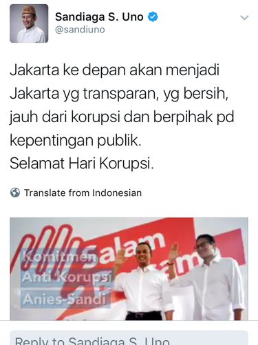 Tweet Sandiaga pukul 09.49 WIB