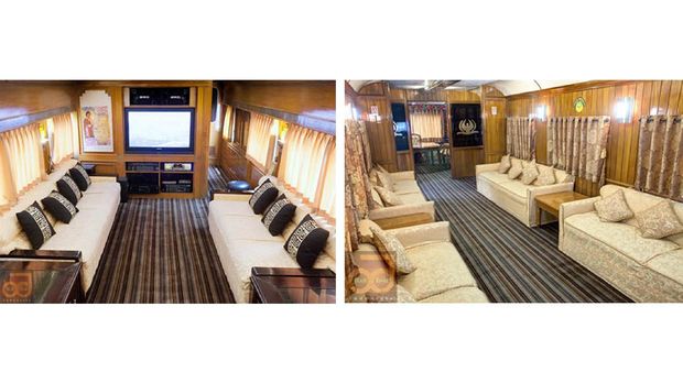 Interior gerbong kereta wisata.