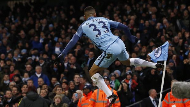 Gabriel Jesus ketika merayakan golnya ke gawang West Ham United.