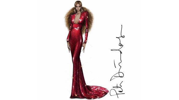 Gaun merah sekuin karya Peter Dundas