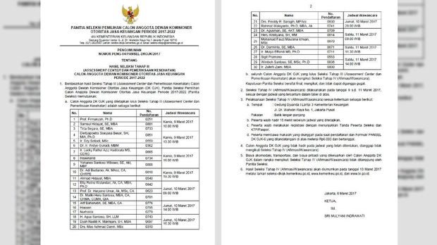 Hasil seleksi tahap III calon anggota dewan OJK (dok. Kementerian Keuangan).