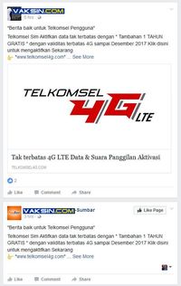 Gambar 1: Scam Whatsapp Telkomsel yang disebarkan juga melalui Facebook