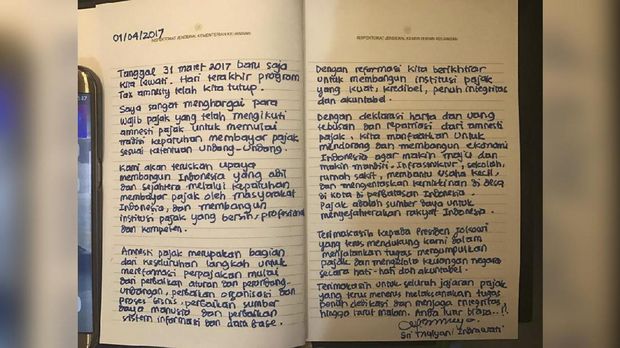Isi surat Menteri Keuangan Sri Mulyani yang diunggah di sosial medianya terkait berakhirnya periode tax amnesty. Dok: Pribadi Sri Mulyani