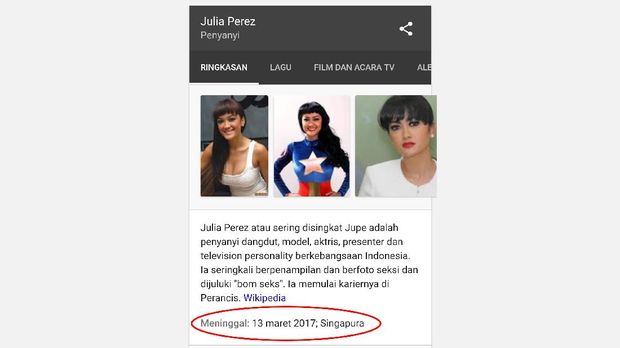 Wikipedia Sempat Posting Tanggal Kematian Julia Perez