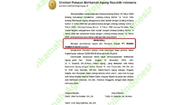 Putusan kasasi MA atas gugatan PT Buana Permata Hijau terhadap Pemprov DKI Jakarta.