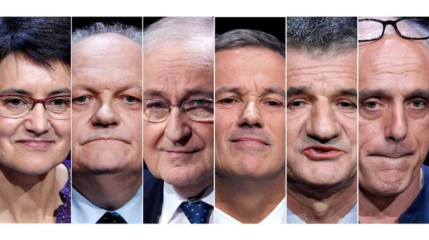 Dari Kiri ke Kanan: Nathalie Arthaud, Francois Asselineau, Jacques Cheminade, Nicolas Dupont-Aignan, Jean Lassalle, dan Philippe Poutou