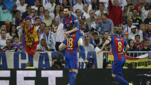 Selebrasi gol Lionel Messi ke gawang Real Madrid.