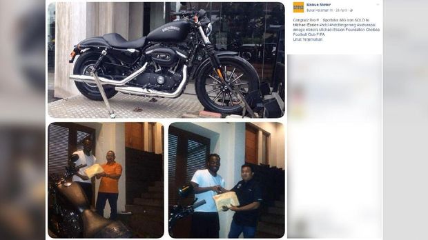 Michael Essien membeli motor Harley Davidson. (Screenshoot via facebook.com Mabua Motor)