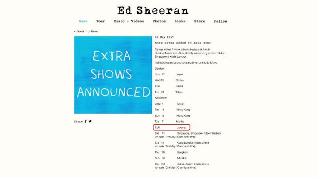 Jakarta masuk ke dalam daftar negara yang akan dikunjungi Ed Sheeran.