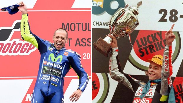 Perbedaan Valentino Rossi ketika menjuarai GP Belanda di Sirkuit Assen pada 2017 (kiri) dan 1997.