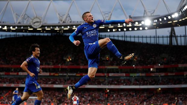 Jamie Vardy sempat mencetak gol kedua Leicester City saat melawan Arsenal.
