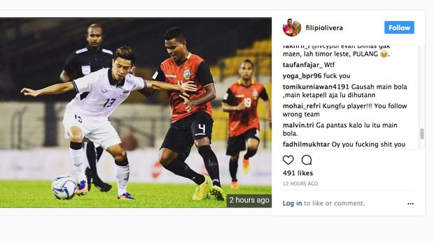 Suporter Timnas Indonesia menyerang akun Instagram milik Filipe Olivera.