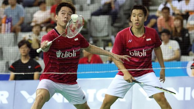 Marcus Fernaldi/Kevin Sanjaya harus mengubur impian menjuarai Denmark Terbuka 2017.