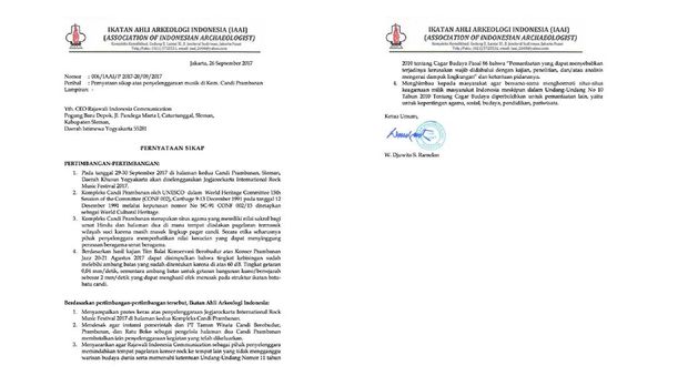 Surat protes Ikatan Ahli Arkeologi Indonesia (IAAI) tentang pelaksanaan JogjaROCKarta.