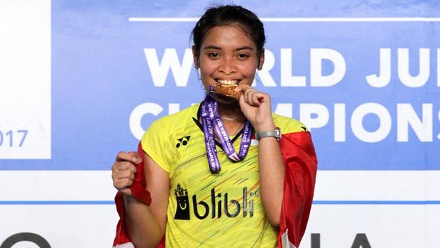 Gregoria Mariska berhasil berdiri di podium tertinggi pada Kejuaraan Dunia Junior 2017.
