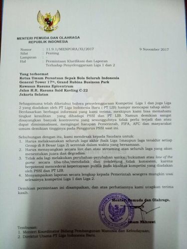 Surat Menpora Imam Nahrawi untuk PSSI.