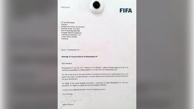 Surat ucapan selamat FIFA atas keberhasilan Bhayangkara FC meraih gelar juara Liga 1.