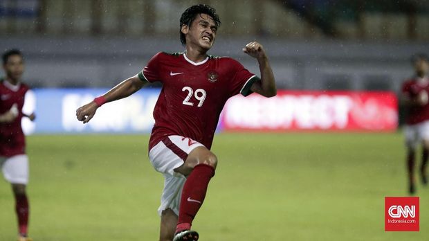 Septian David Maulana merayakan gol pertama ke gawang Suriah.